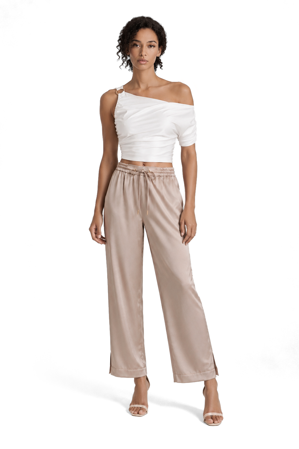 Champagne Beige Satin Wide Leg Pants