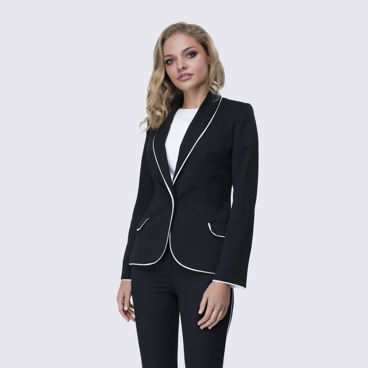 Black one button Blazer with white line