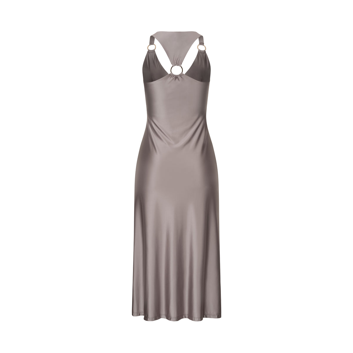 Taupe Shimmer Open Back Midi Dress