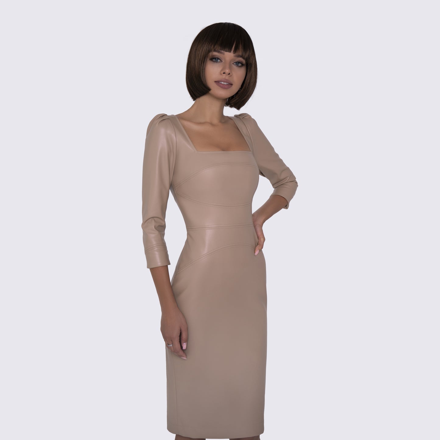 Eco-leather tan sheath dress