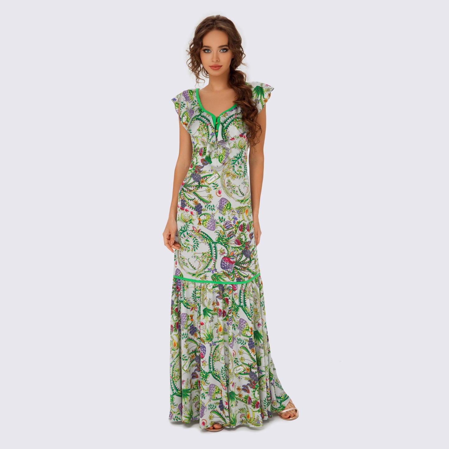 Floral Print Ruffle Maxi Dress in Green