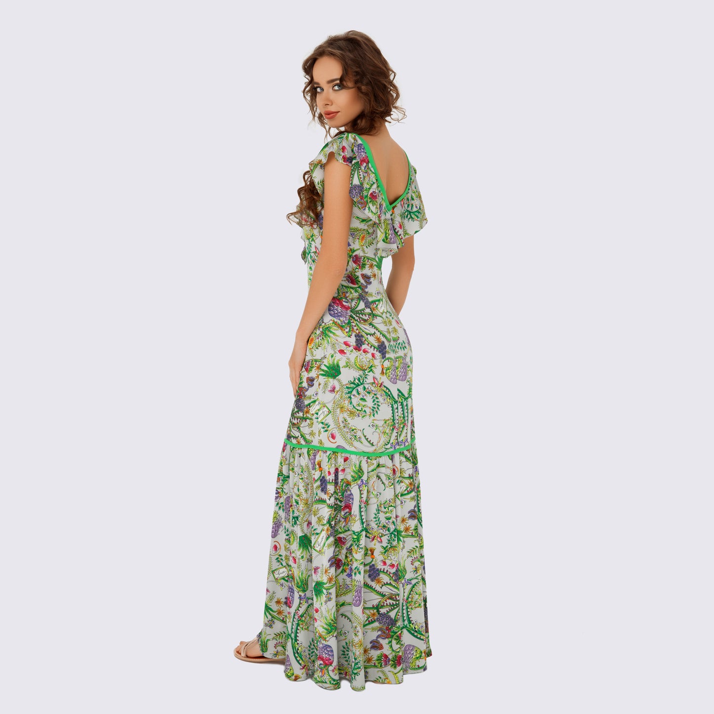 Floral Print Ruffle Maxi Dress in Green