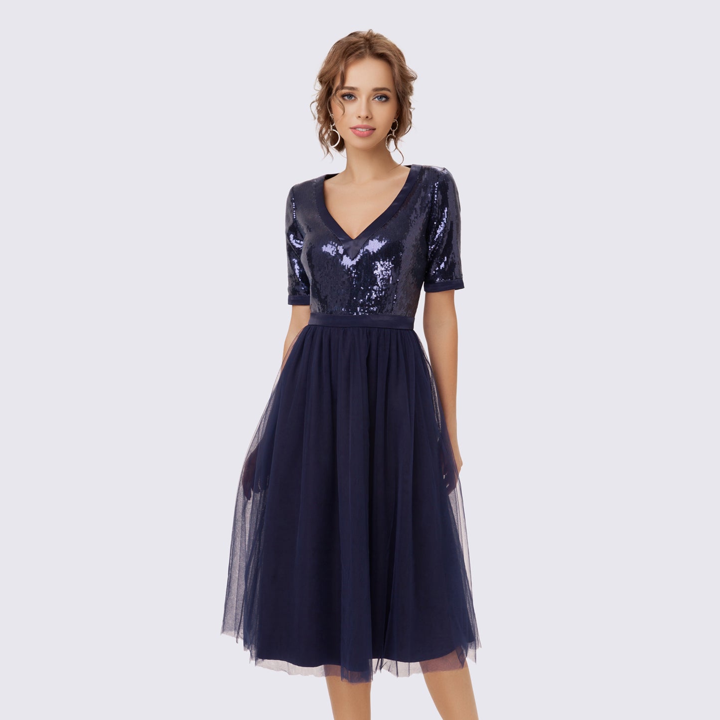 Ink Blue Dress with Tulle Skirt and Sequins