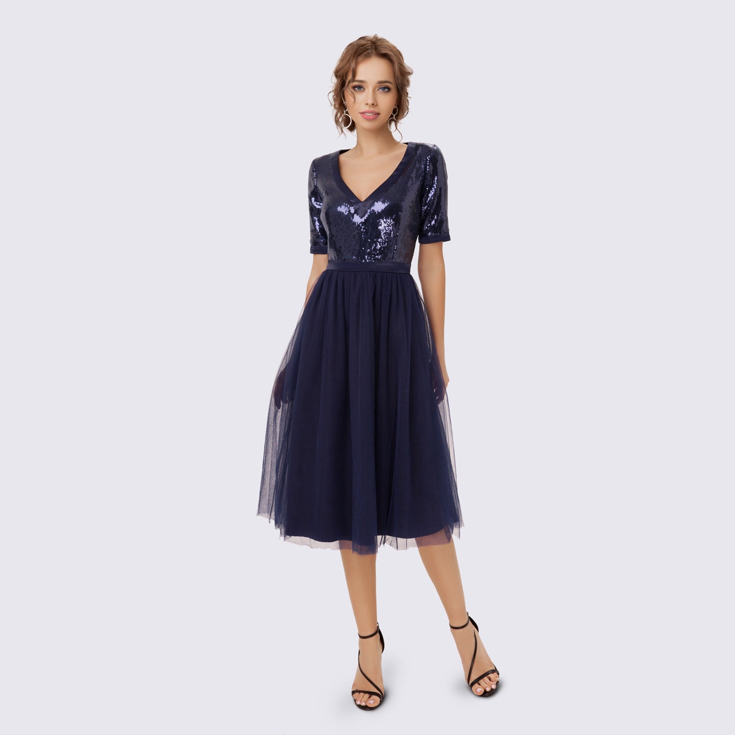 Ink Blue Dress with Tulle Skirt and Sequins