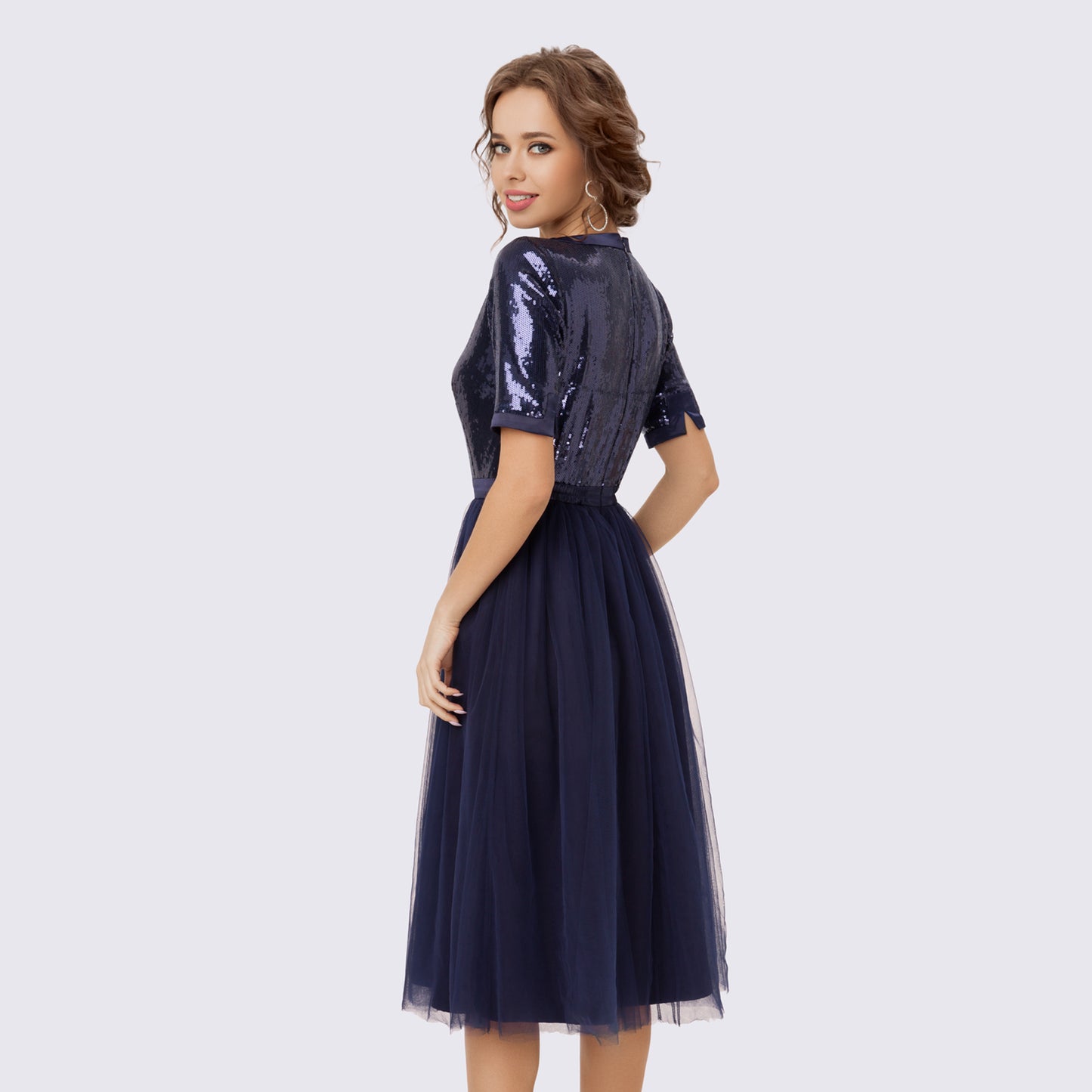 Ink Blue Dress with Tulle Skirt and Sequins