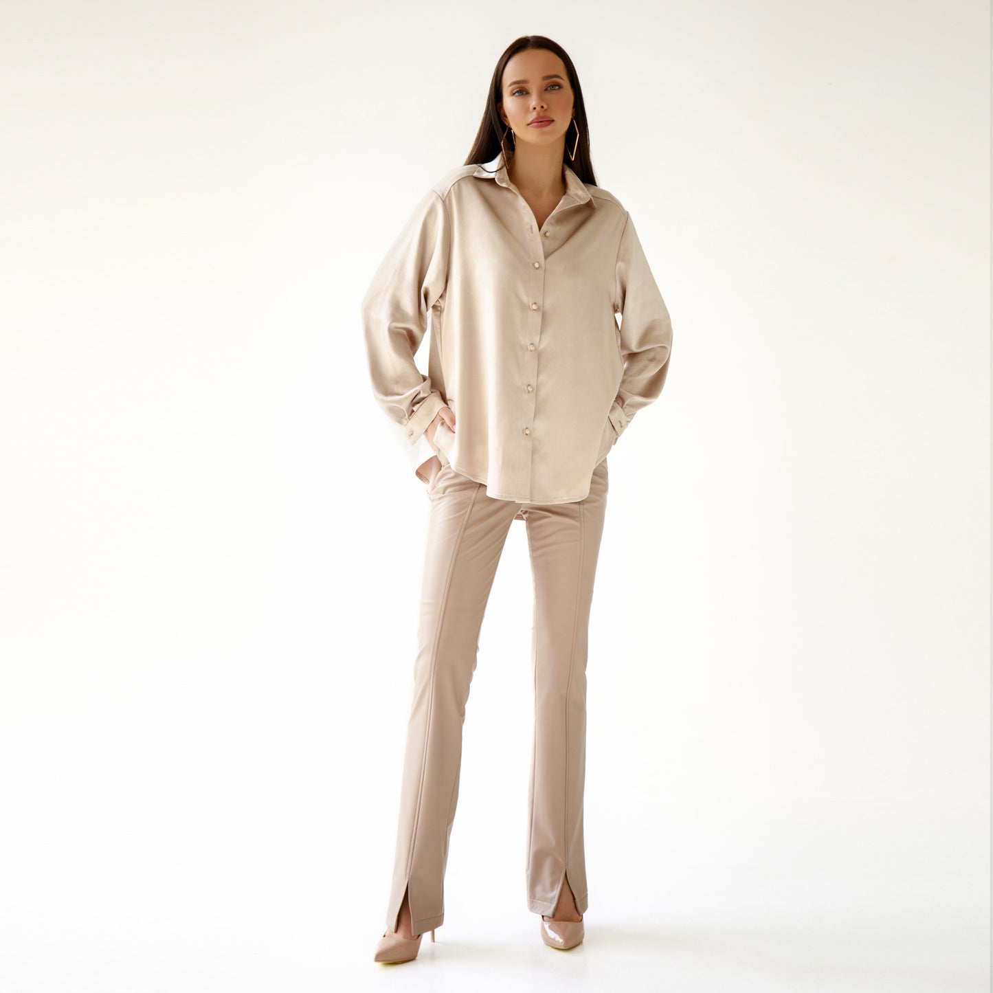 Beige Eco Leather High Waist Pants