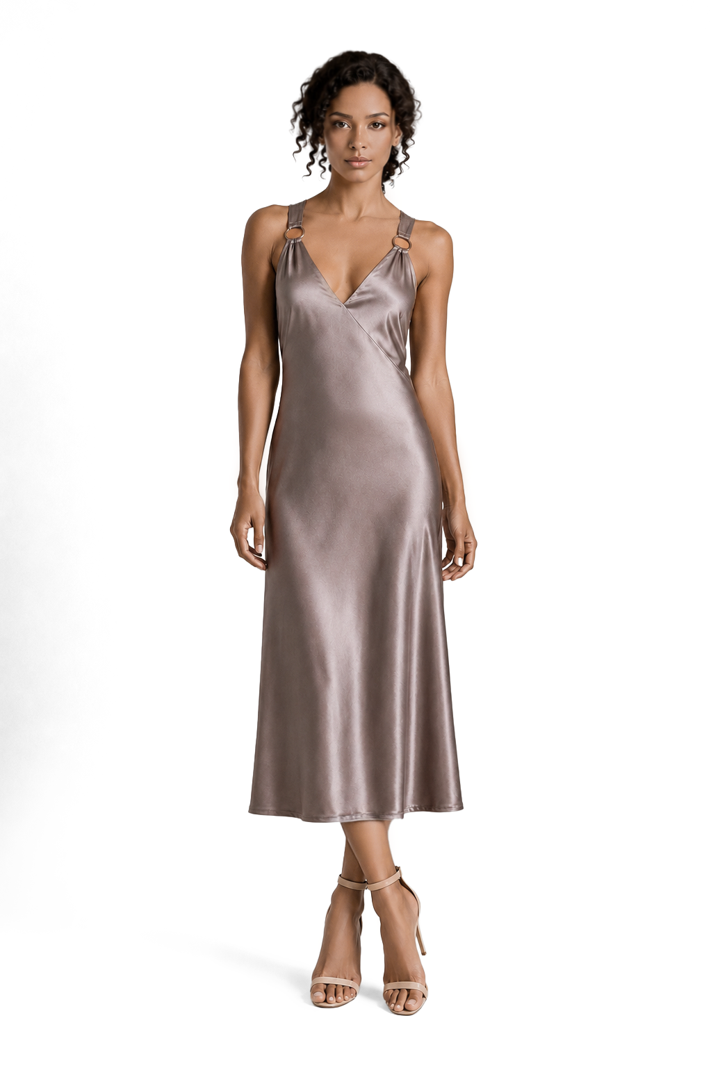Taupe Shimmer Open Back Midi Dress