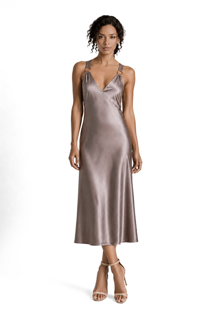 Taupe Shimmer Open Back Midi Dress