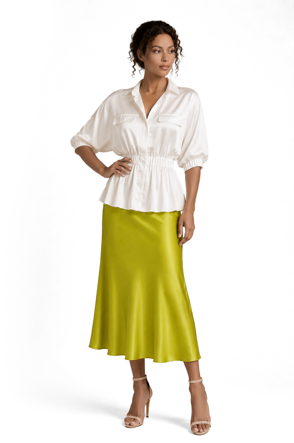 Lime Green Satin Midi Skirt