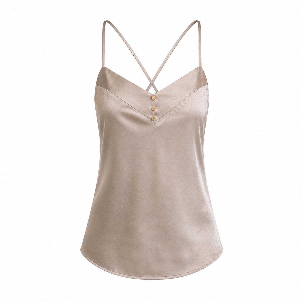 Champagne beige viscose cami top with silky fabric, V-neckline and three decorative gold-tone buttons