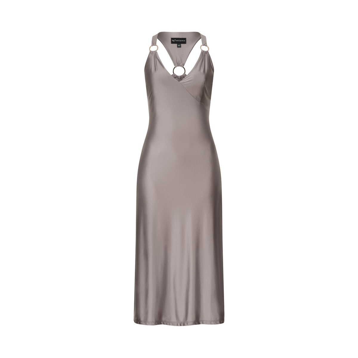 Taupe Shimmer Open Back Midi Dress