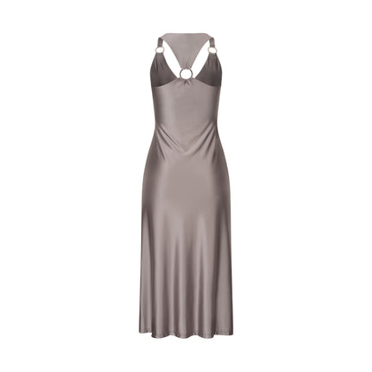 Taupe Shimmer Open Back Midi Dress