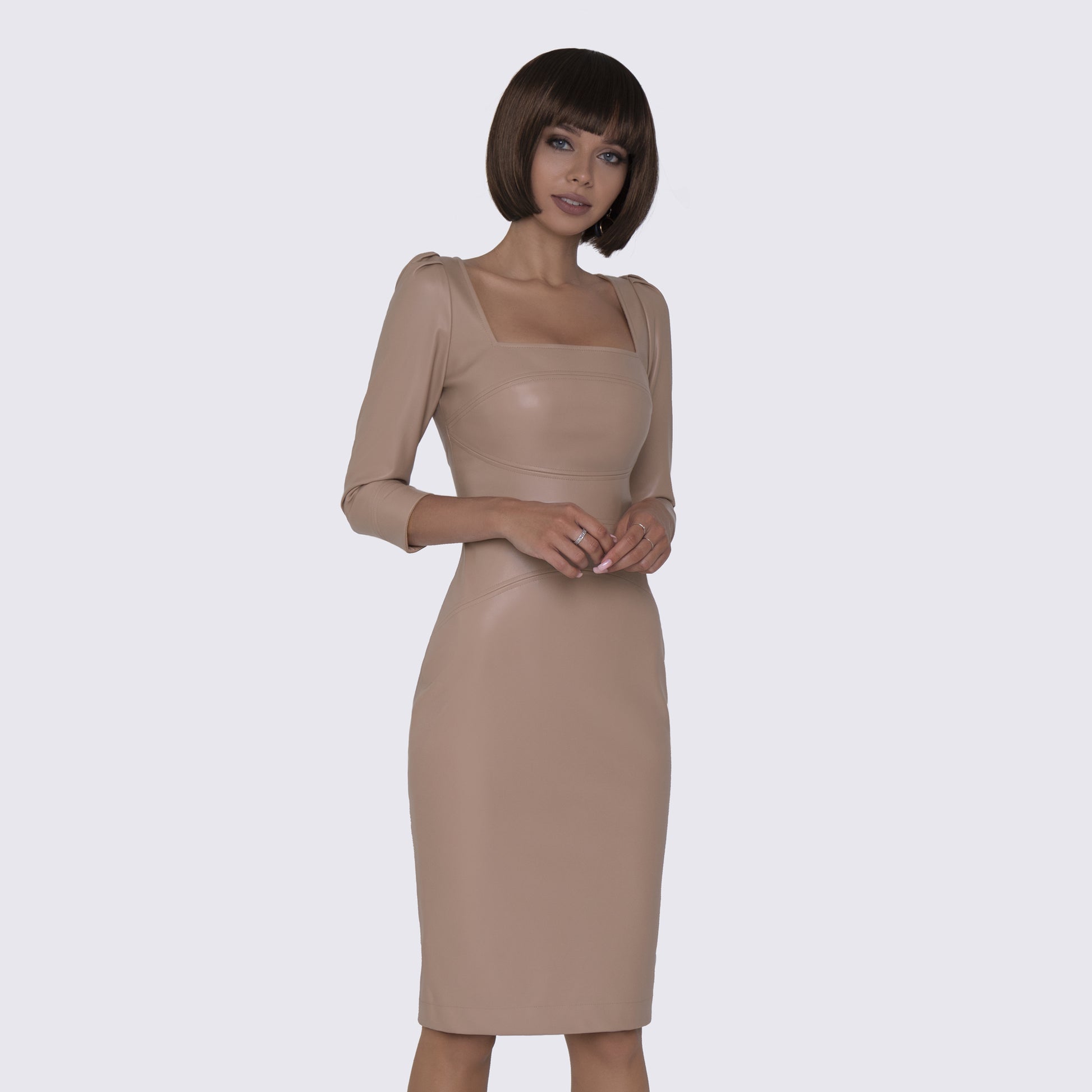 Eco-leather tan sheath dress