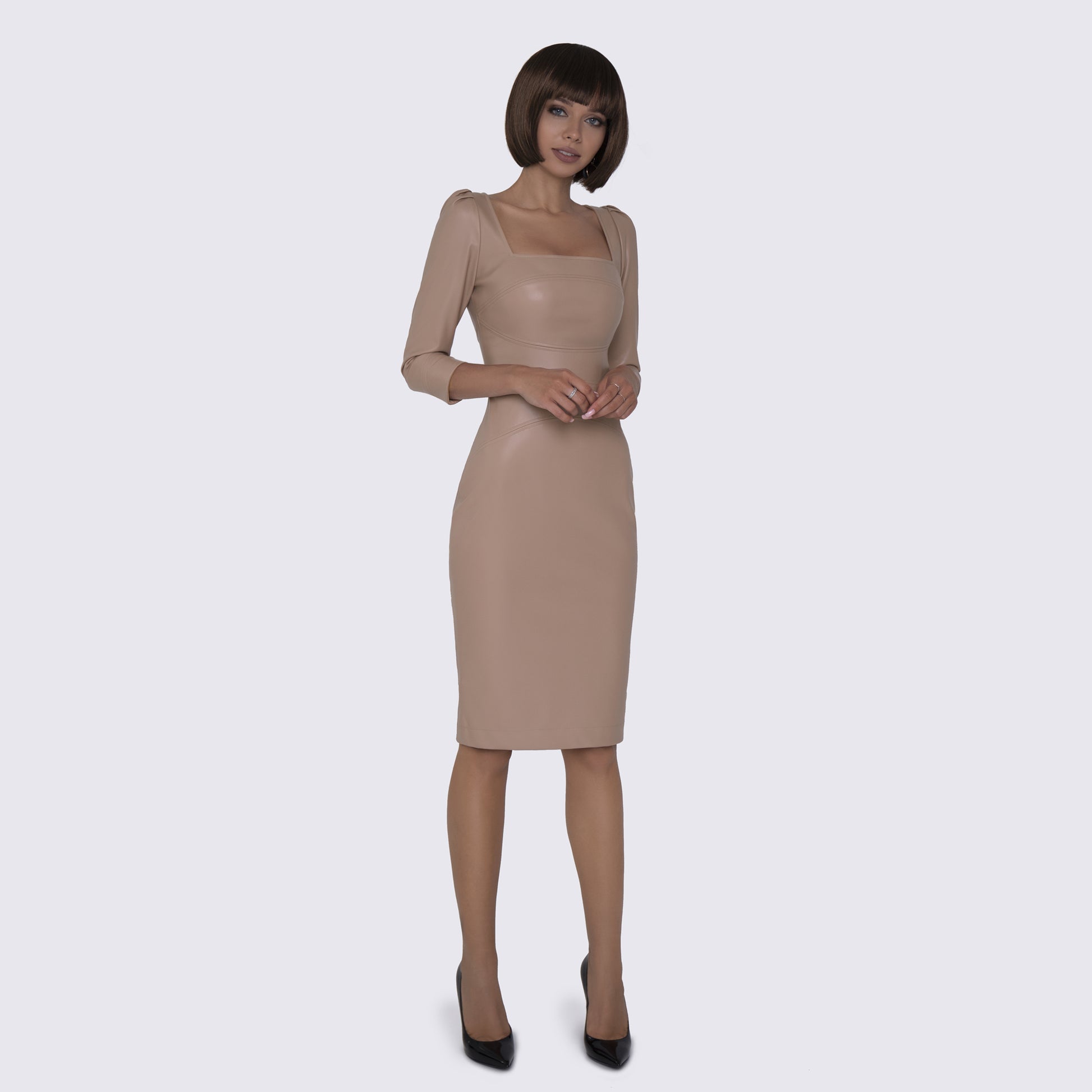 Eco-leather tan sheath dress