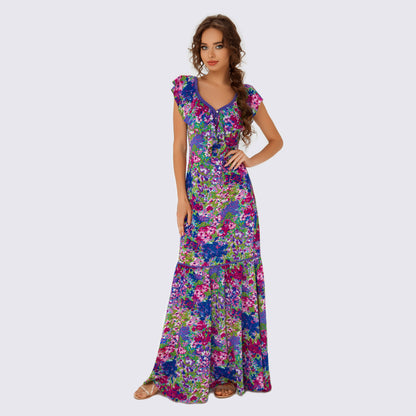 Floral Print Ruffle Maxi Dress in purple