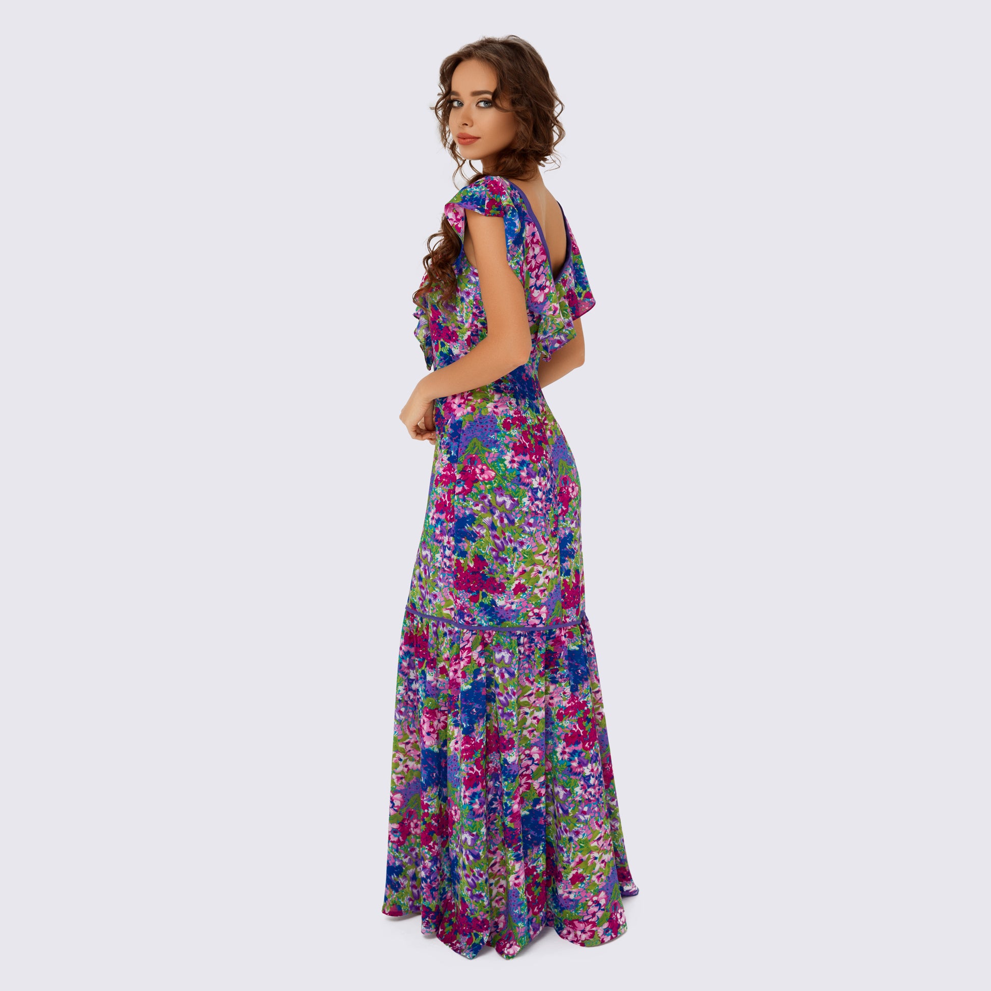 Floral Print Ruffle Maxi Dress in purple