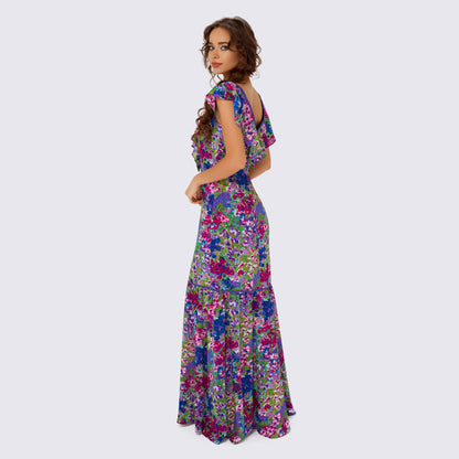 Floral Print Ruffle Maxi Dress in purple