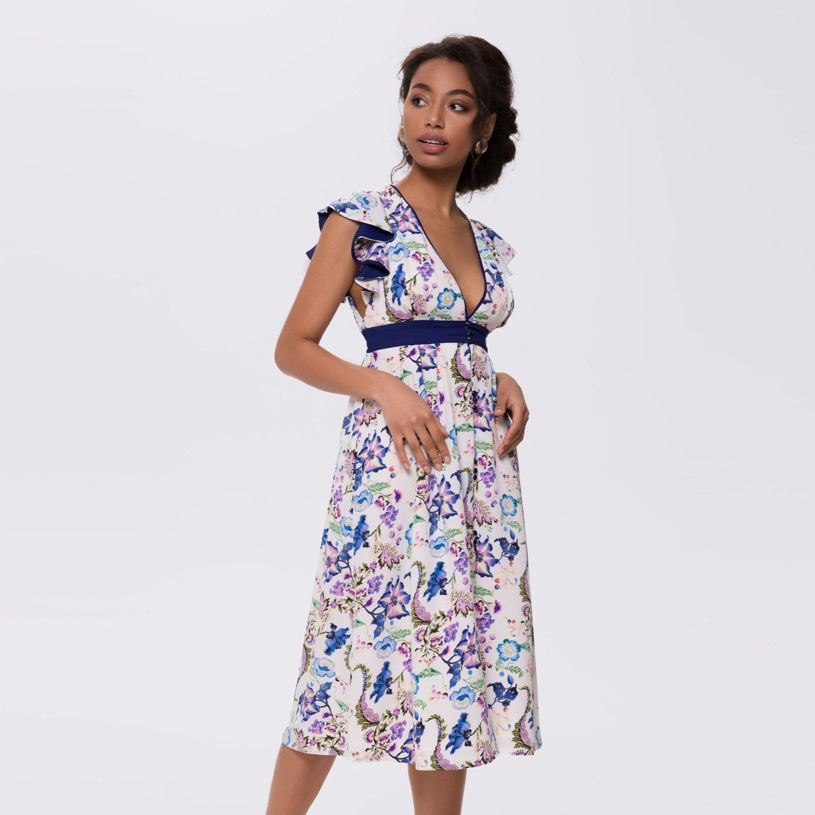 Floral White-blue Dress with Neckline