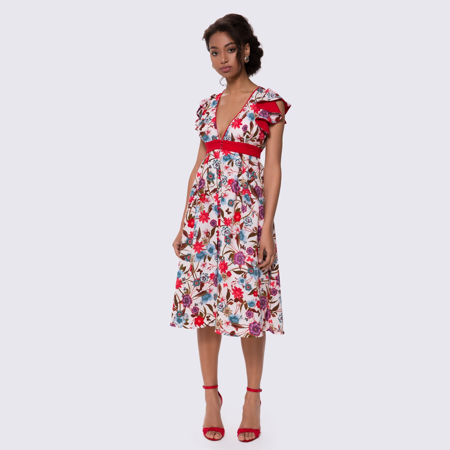 Floral Print Red Dress With V-Neckline