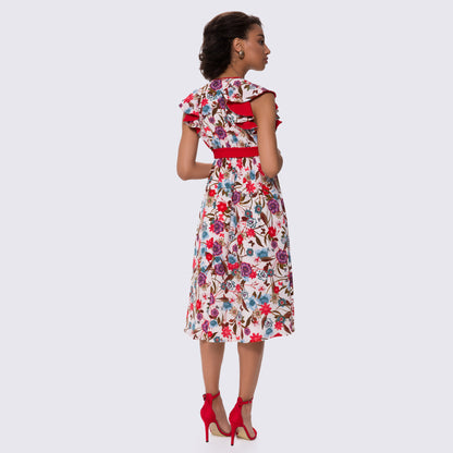 Floral Print Red Dress With V-Neckline