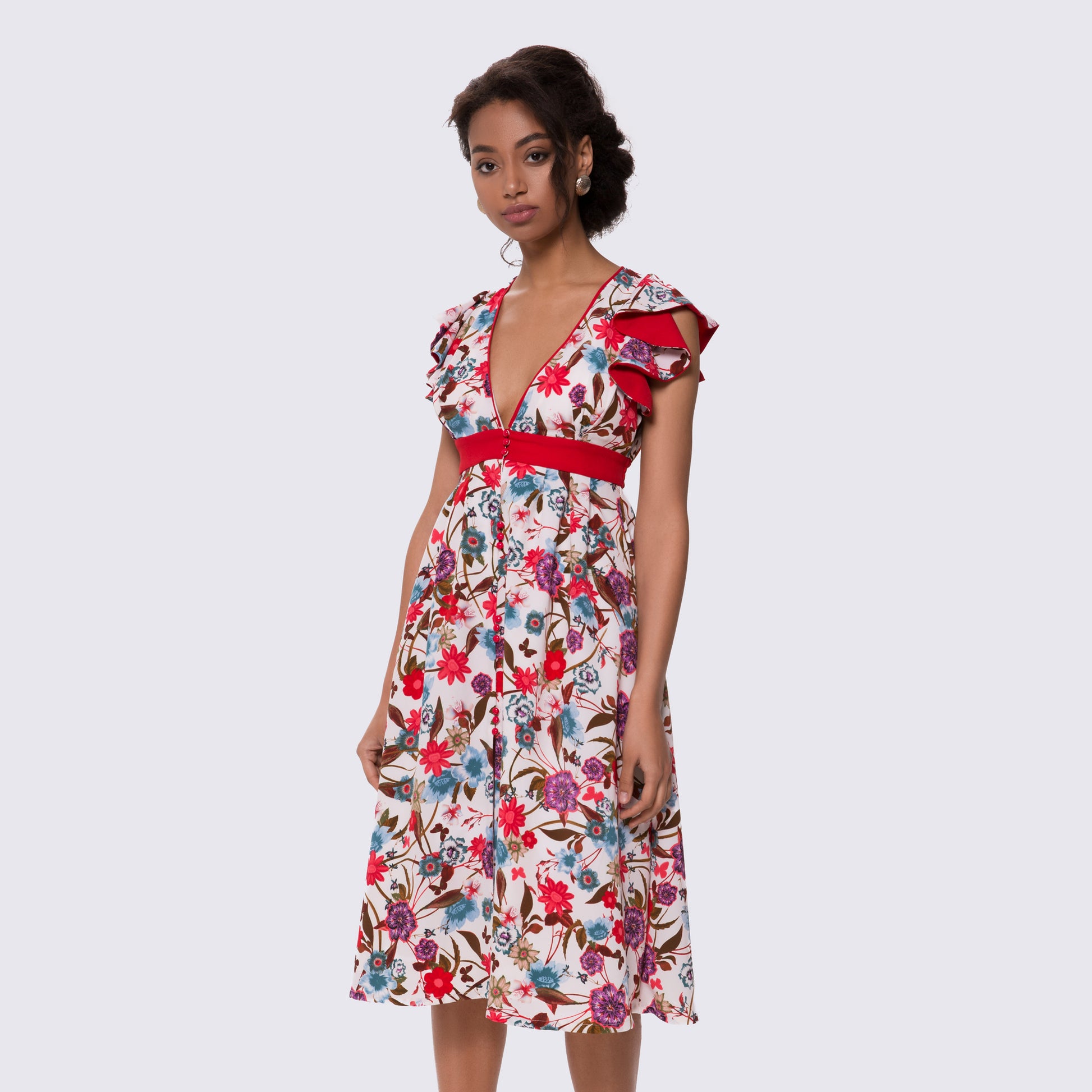 Floral Print Red Dress With V Neckline