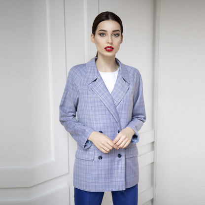 Blue Pantsuit with a Check Blazer