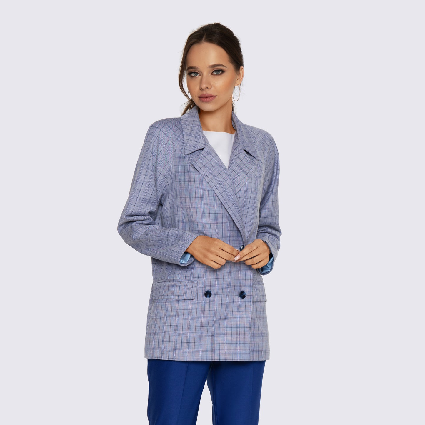 Blue Checkered Double Breasted Blazer