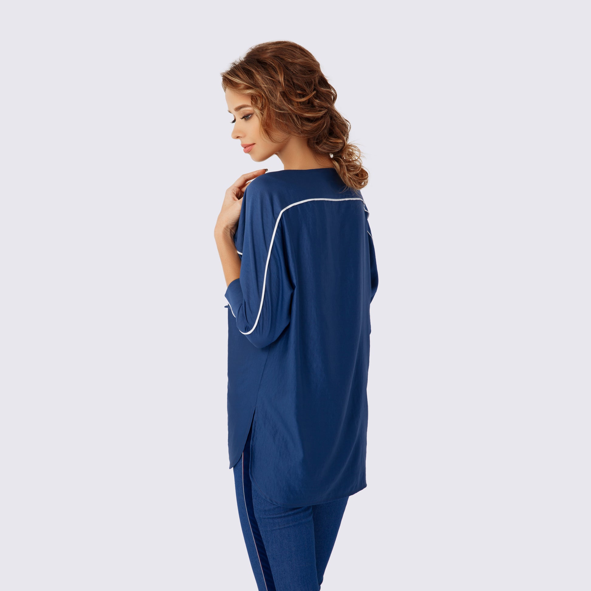 Navy blue loose blouse with white details