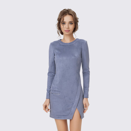 Blue Suede Asymmetric Mini Dress