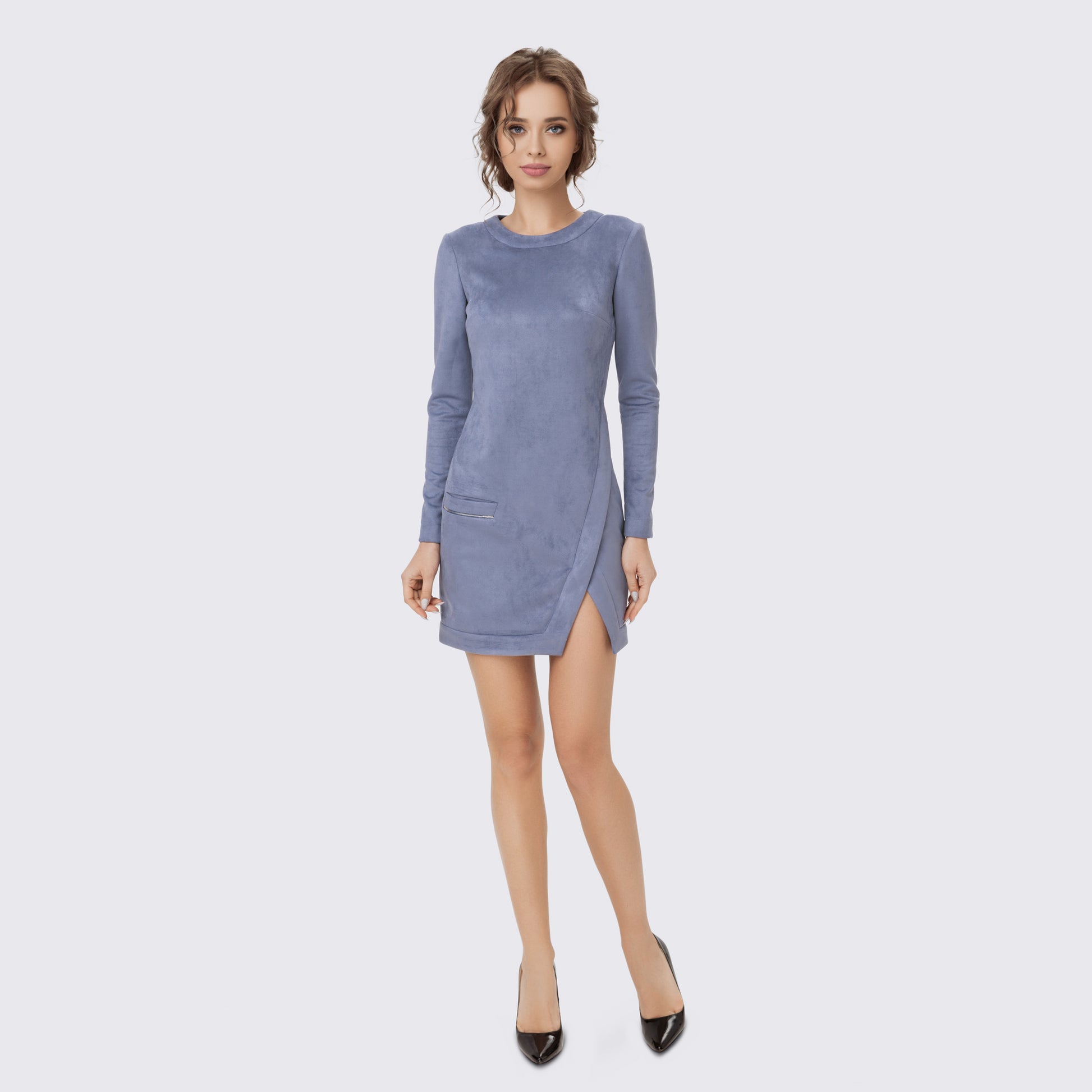 Blue Suede Asymmetric Mini Dress