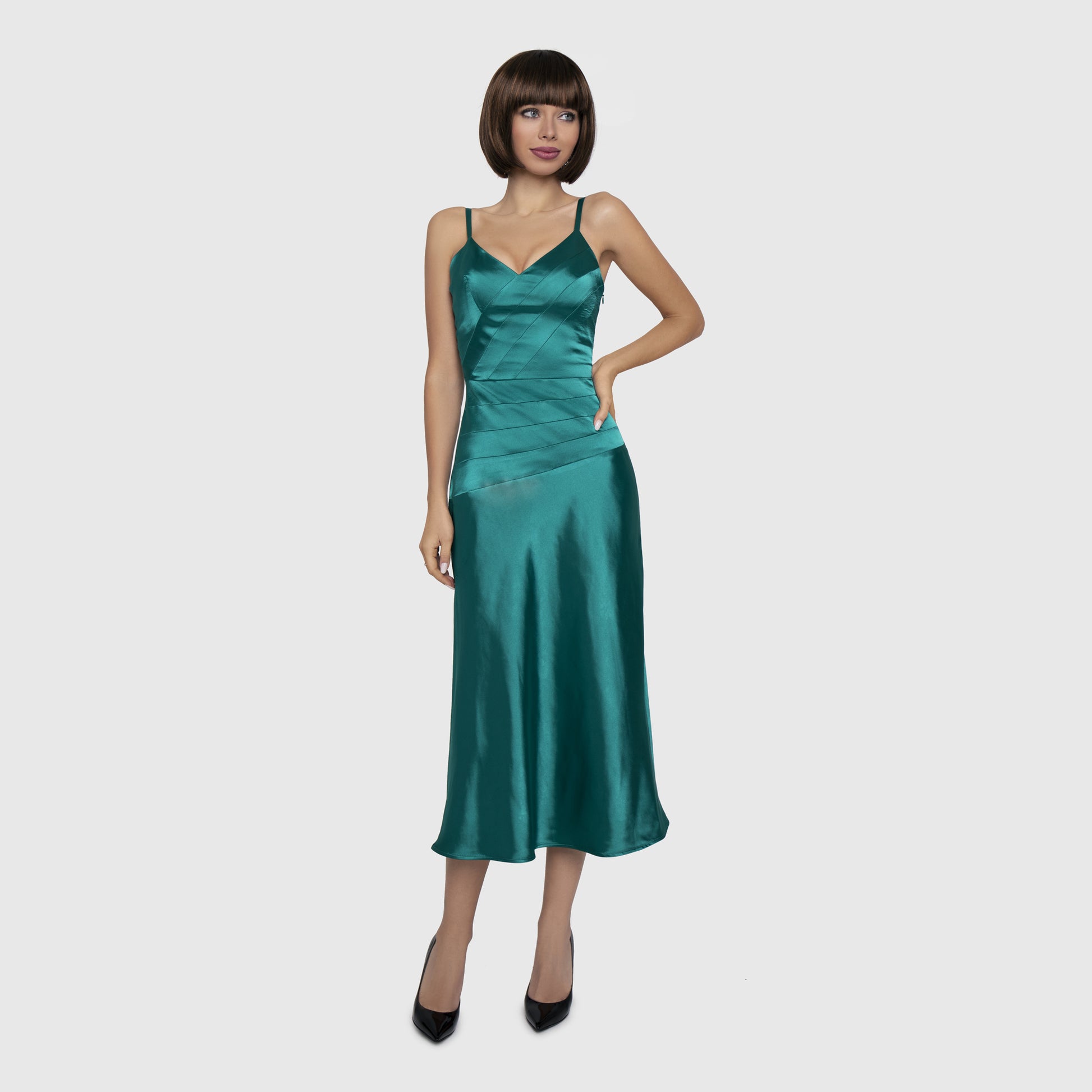 Emerald satin midi dress