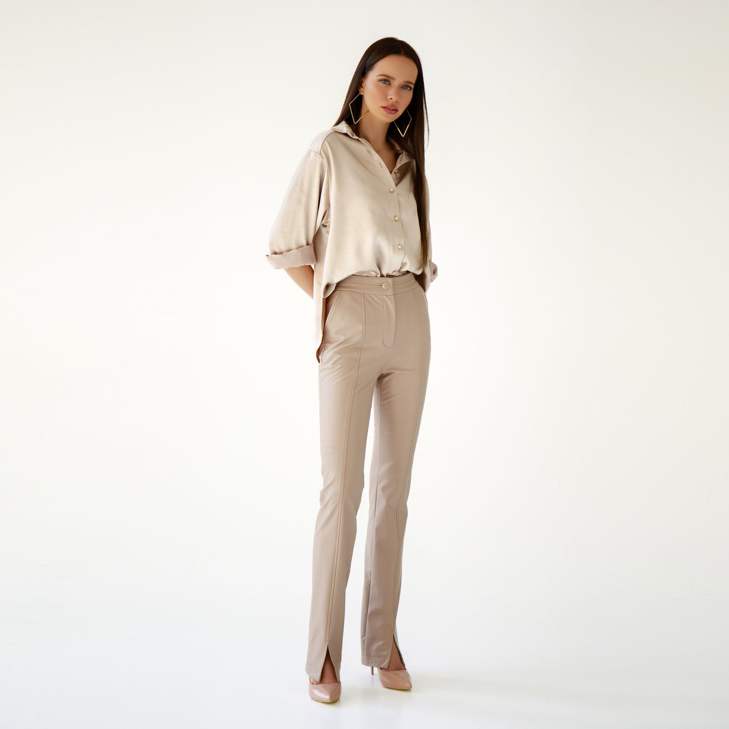 Beige Eco Leather High Waist Pants