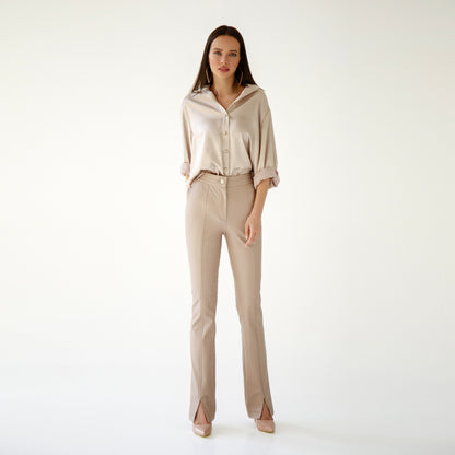 Beige Eco Leather High Waist Pants