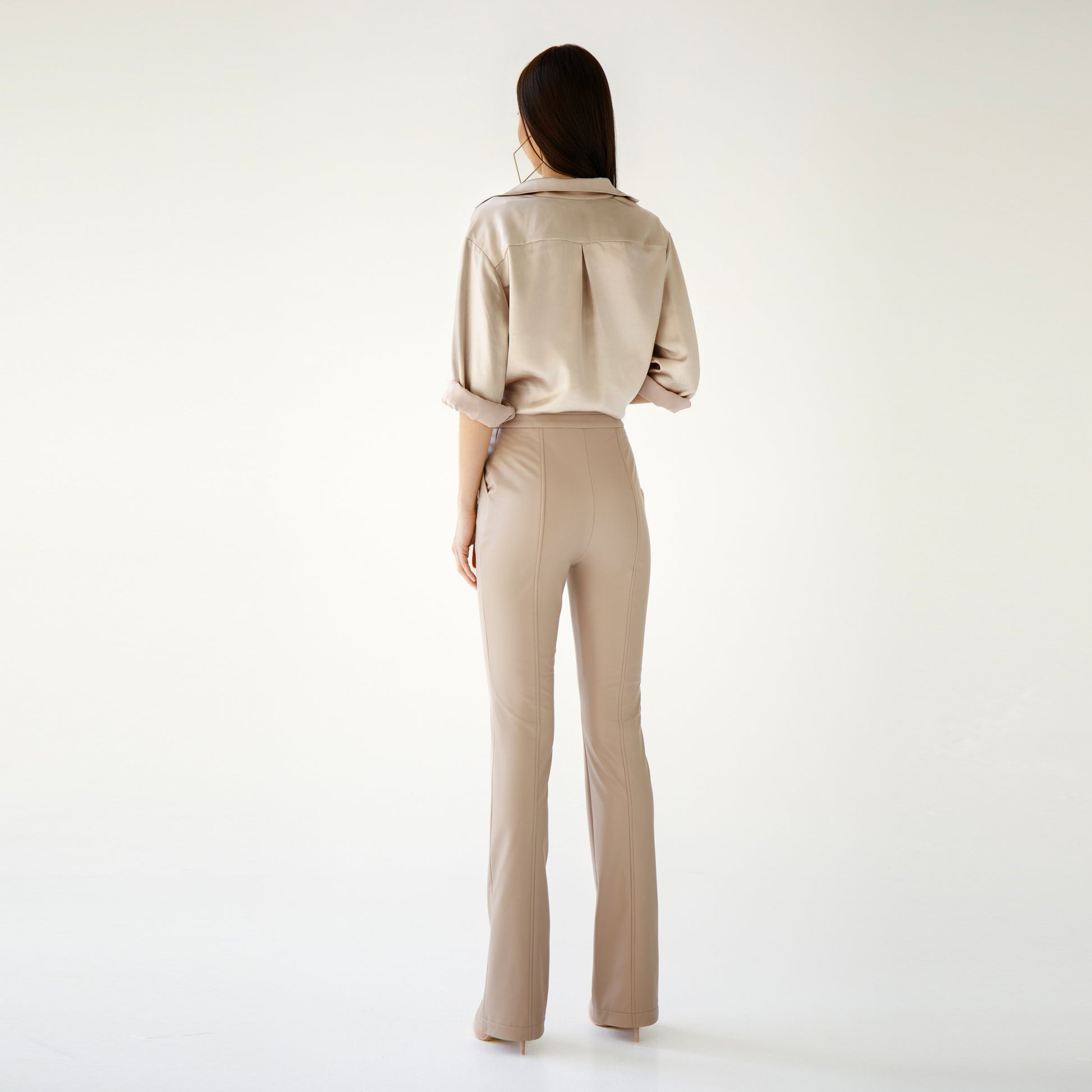 Beige Eco Leather High Waist Pants 