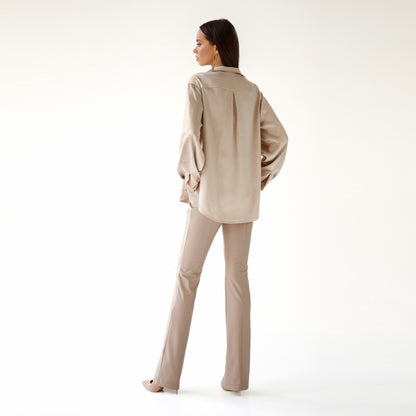 Beige Eco Leather High Waist Pants 