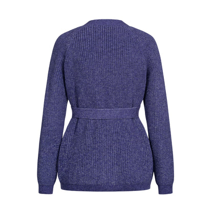 Purple knitted cardigan with belt