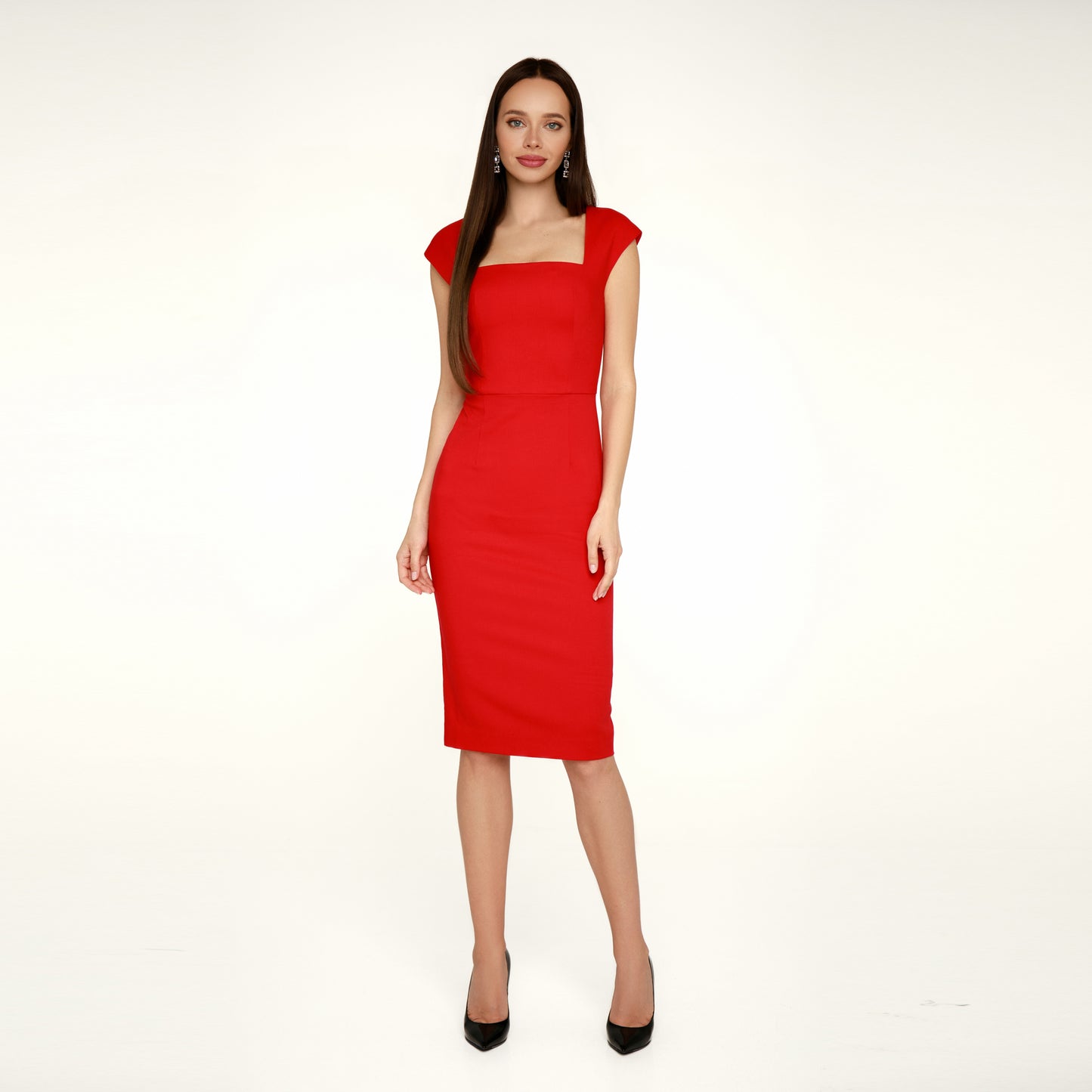 Red sheath dress with square neckline