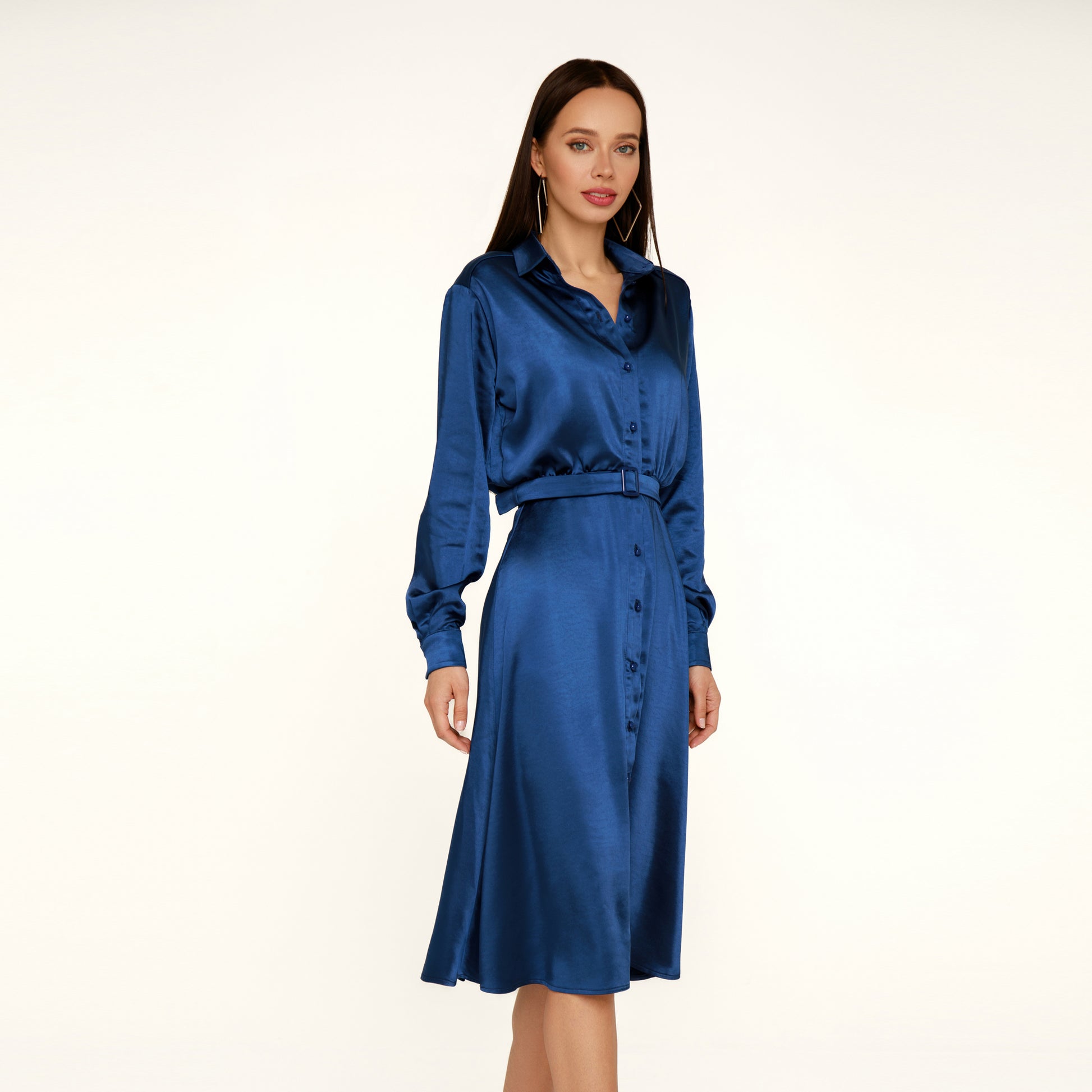 Navi blue silky shirt dress