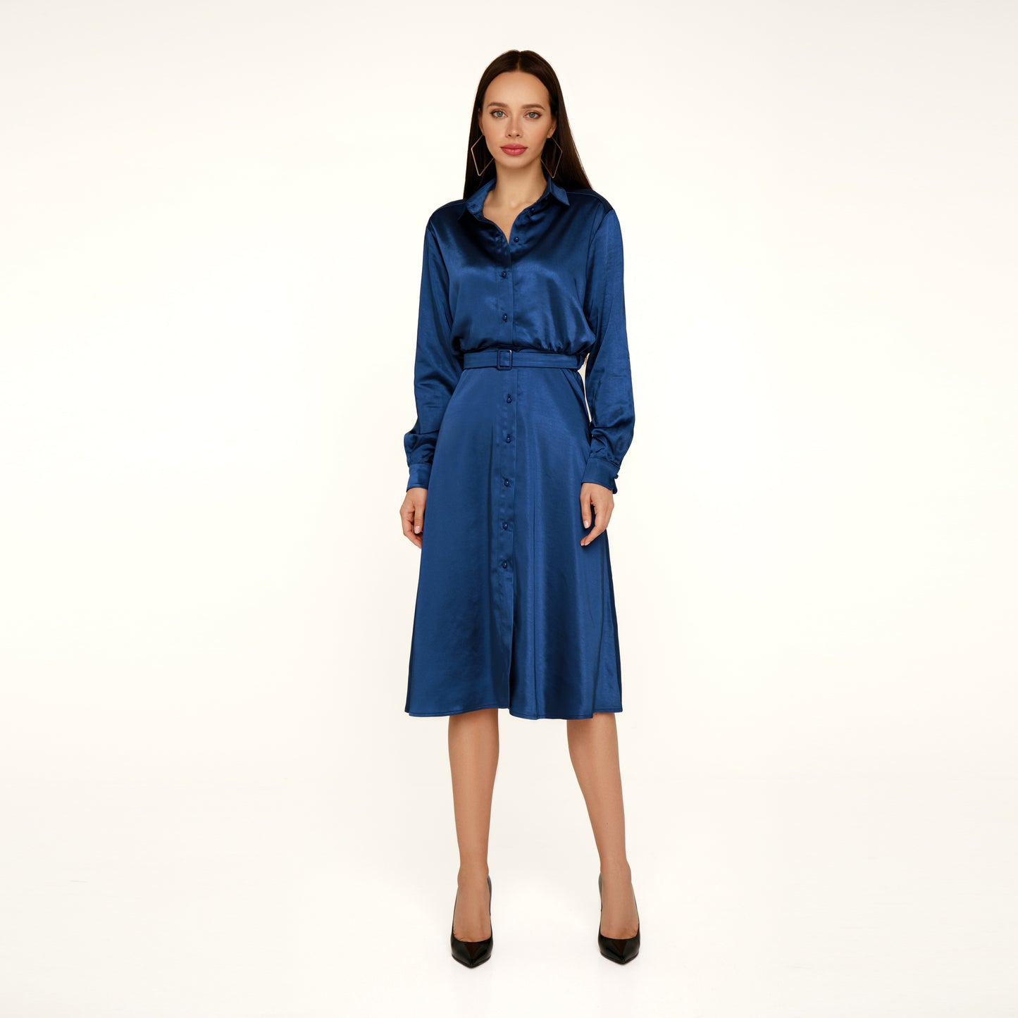 Navi blue silky shirt dress