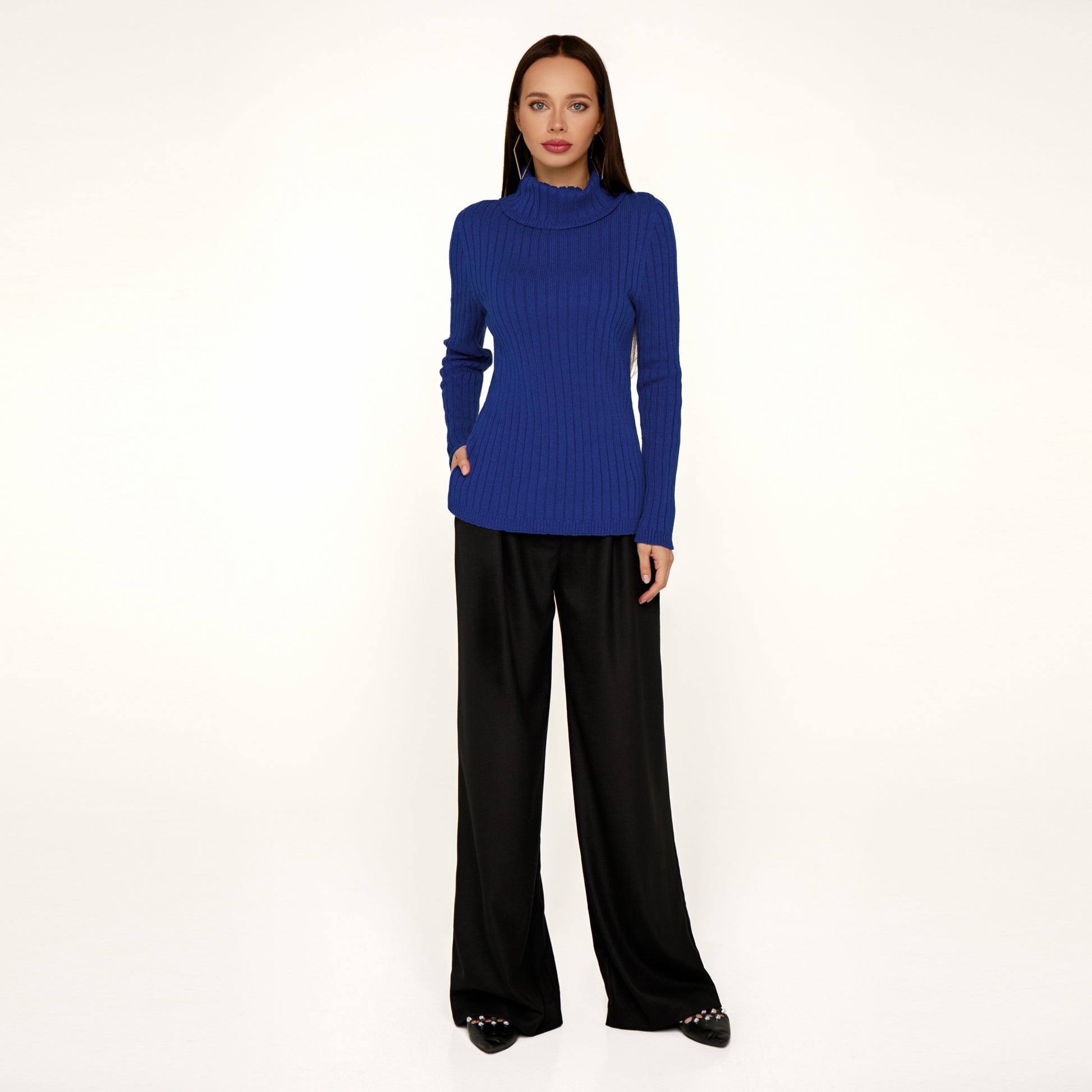 Royal Blue Knitted Sweater with Collar wearing with black wide pants