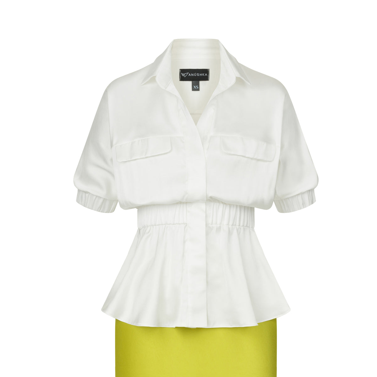Front view of a white viscose satin peplum blouse with a collared neckline, elastic waist, short puff sleeves and concealed buttons