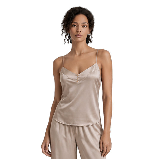 Champagne beige silky viscose cami top with V-neckline, thin straps and gold-tone buttons, front view